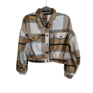HYFVE Women's Size Medium Cotton Blend Cropped Plaid Shacket Metal Buttons